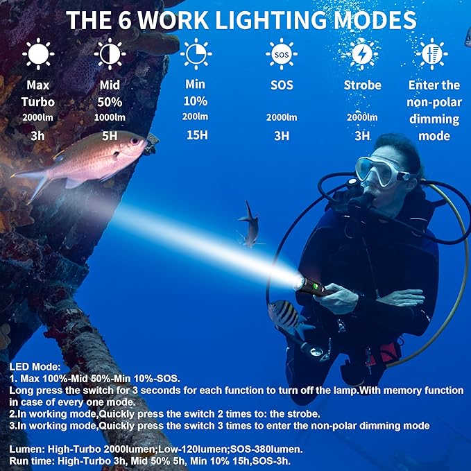 Dive Light Scuba Diving Flashlight Dive Torch Rechargeable,3500Lumens 6 Modes Underwater Light,IPX8 Waterproof Flashlight, Safety Dive Lights with Power Indicator for Night Diving
