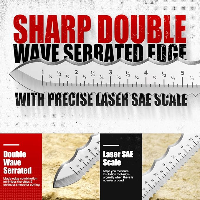 8" Insulation Knife, Stainless Steel Blade Insulation Cutter w/Laser Scale, Dual-Side Serrated Duct Knife Tool with Sheath for Cutting Heat Material Foam/Rockwool/Styrofoam, Garden Sod Cutter