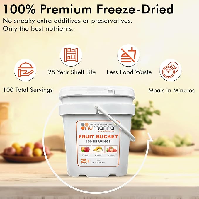 Numanna Freeze-Dried 3 Fruit Bucket ??300 Servings | Apples, Bananas, Strawberries | Healthy Snack for Everyday, Emergency & Survival Use | Durable Packaging | 25+ Year Shelf Life | Made in USA