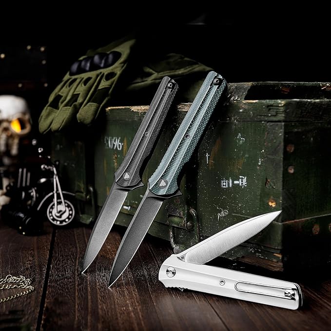 EDC Pocket Knife for Men,Folding Knives with Reversible Clip,Liner Lock 3.4'' Black PVD 14C28N Steel Blade,Micarta Handle,Seagull-B