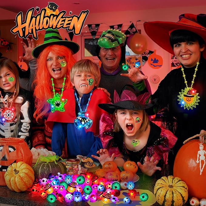 100PCS Halloween Party Favors for Kids Boys Girls, Glow LED Halloween Toys Bulk Light Up Necklace Rings Goodie Bag Fillers Stuffers Halloween Treats Non Candy Classroom Prizes Trick or Treat
