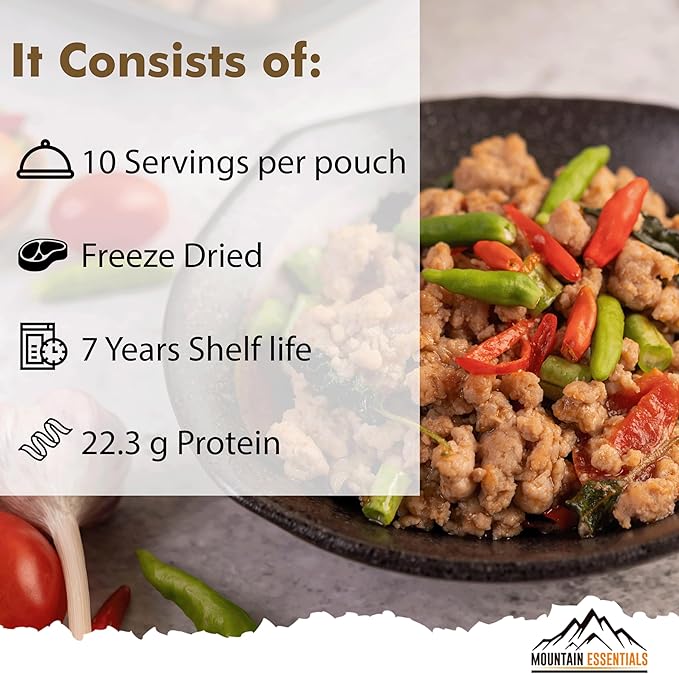 MOUNTAIN ESSENTIALS Freeze-Dried Pork Sausage Crumble ??Fully Cooked & Ready to Eat | Traditional Flavor | Premium Quality Everyday Meals, Camping & Emergency Survival Food | 10 Servings | Made in USA | 7-Year Shelf Life