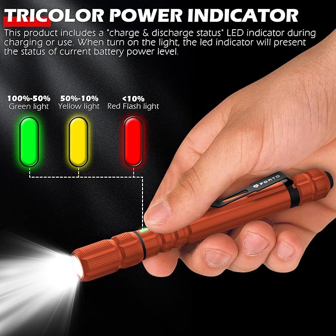 FORTO Rechargeable Pen Light Flashlight, 400 Lumens Small Pocket Flashlight with Clip, IP67 Waterproof, 2 Light Modes, 3-Color Battery Indicator, Type-C Charging, for Inspection,Emergency (Orange)