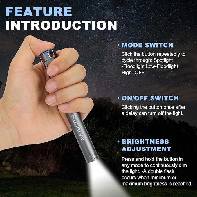 Rechargeable LED Pen Light with Magnetic Clip - Dimmable Inspection Pocket Flashlight, USB-C Charging, Spotlight & Floodlight Modes, Compact Aluminum for Mechanics Hiking Emergency