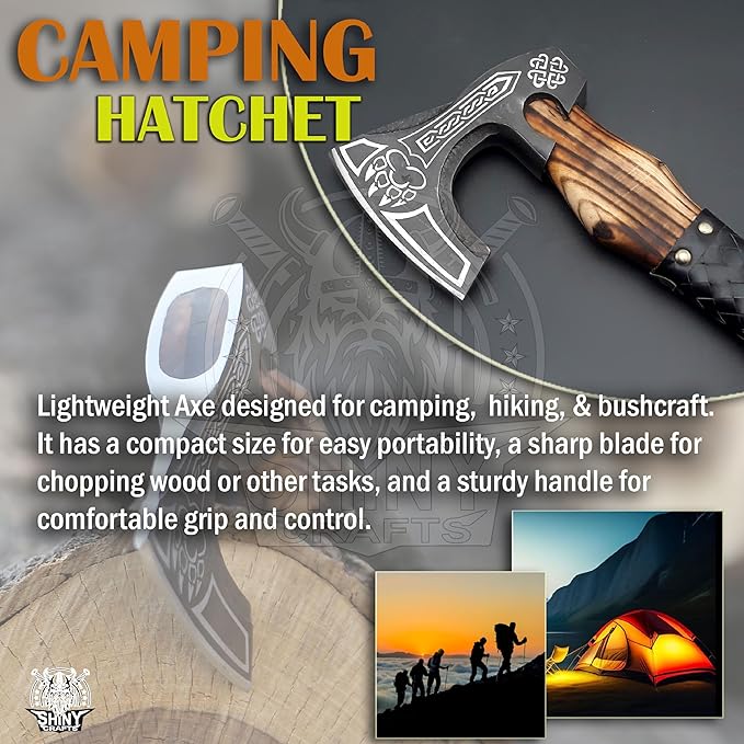 SHINY CRAFTS®- Decorative Viking Axe – Unique Gift for Dad Carbon Steel Blade with Leather Handle Perfect for Bushcraft or Display (SCA-16)