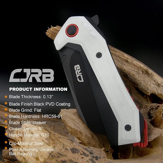 CJRB Tigris Pocket Knife, Folding Knife with AR-RPM9 Powder Steel Black PVD Blade Black & White G10 Handle for EDC Camping Hunting (J1919)