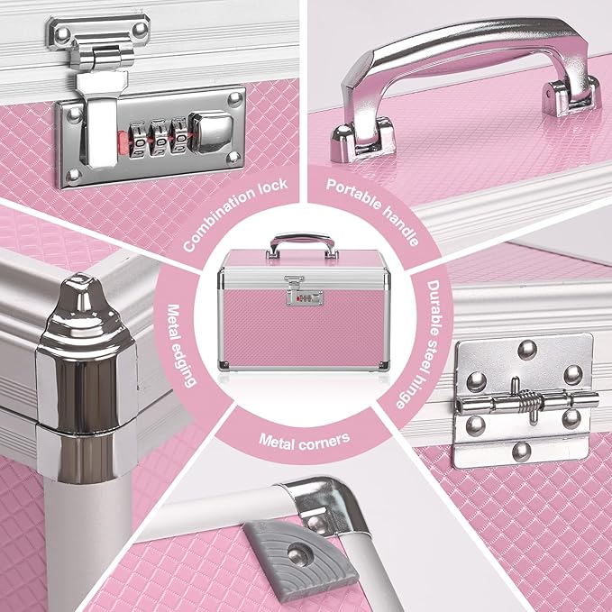 Medicine Lock Box with Combination Lock - 15 x 8.7 x 9.4 Inches - First Aid Safe Medication Storage Box, Personal Items Safe Case for Home and Outdoor - Pink