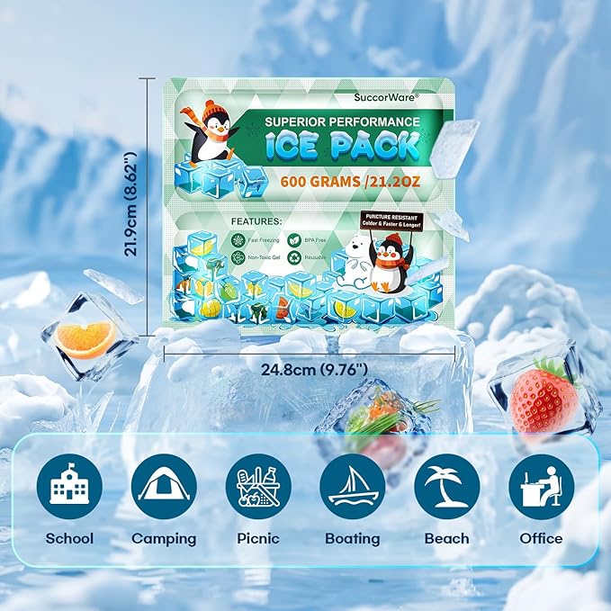 5 Packs Reusable Ice Packs for Lunch Boxes - 12+ Hour Cooling Ice Gel Pack for Camping, Beach, Office - Ice Packs for Cooler Bag, Cooler Backpacks