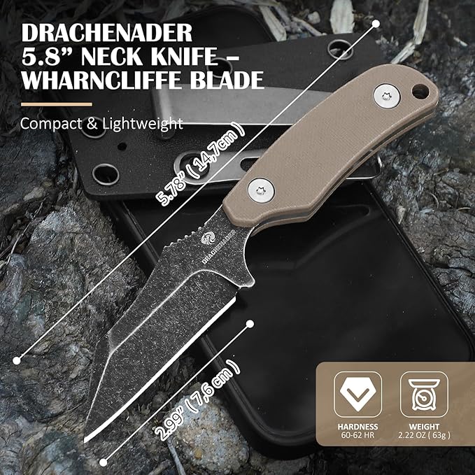 5.78" X-WH Neck Knife with Kydex Sheath, D2 Steel Stonewashed Wharncliffe Blade, EDC Horizontal Carry Neck Knife with G10 Handle, Lightweight Knife for Men