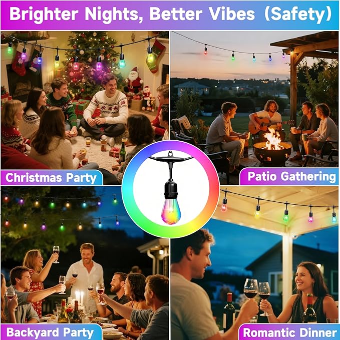 RGB Safety String Lights 150FT - Commercial Grade Low Voltage Strand with 60 S14 Shatterproof Bulbs for Tree Garden Yard bistro Cafe | RGB Party Lights & Outdoor Lights | IP65 Waterproof | UL Listed