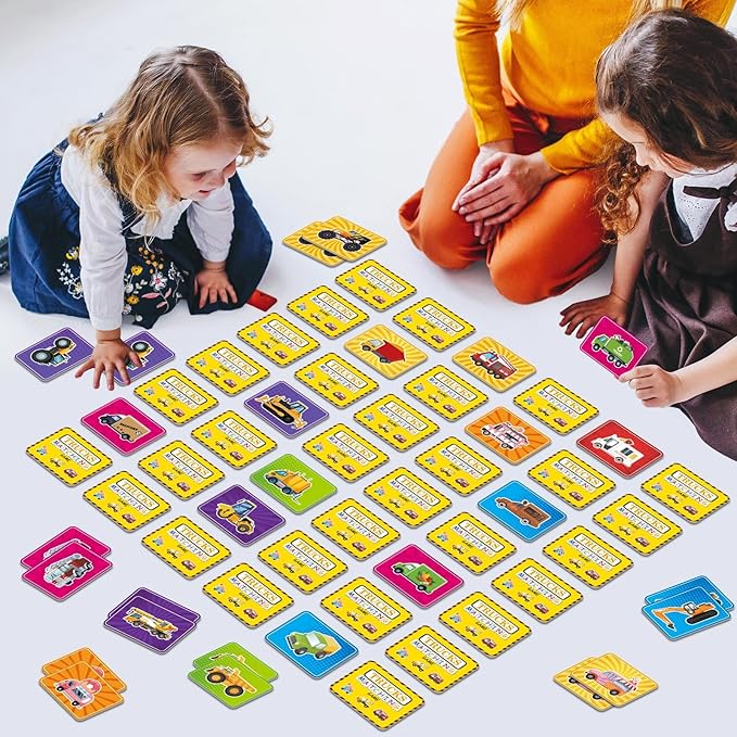 gisgfim 50 Pairs Memory Matching Game Trucks Concentration Memory Card Games for Kids Preschool Educational Ages 3-8 A Fun & Fast Vehicle Theme Matching Games