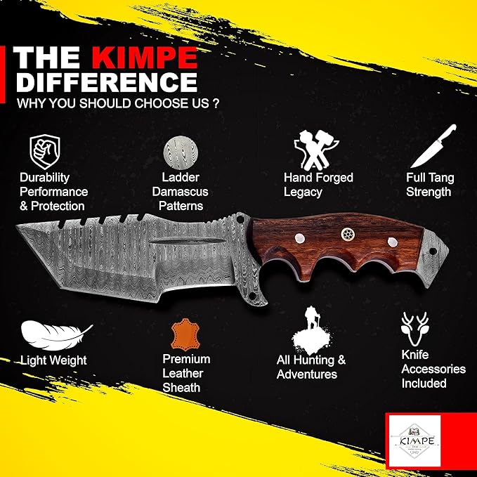 KIMPE 10.5?™â€?Damascus Hunting Knife with Leather Sheath-Fixed Blade EDC Knife-Bushcraft Knives-Wood Handle-Best Camping & Survival tool-Knives for Men. (Rose Wood)