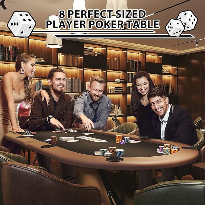 8 Player Foldable Poker Table, 71" Portable Folding Poker Game Tables with Collapsible Legs, Cup Holders, Casino Grade Felt Surface, Oval Card Game Poker Table for Game Room, Brown