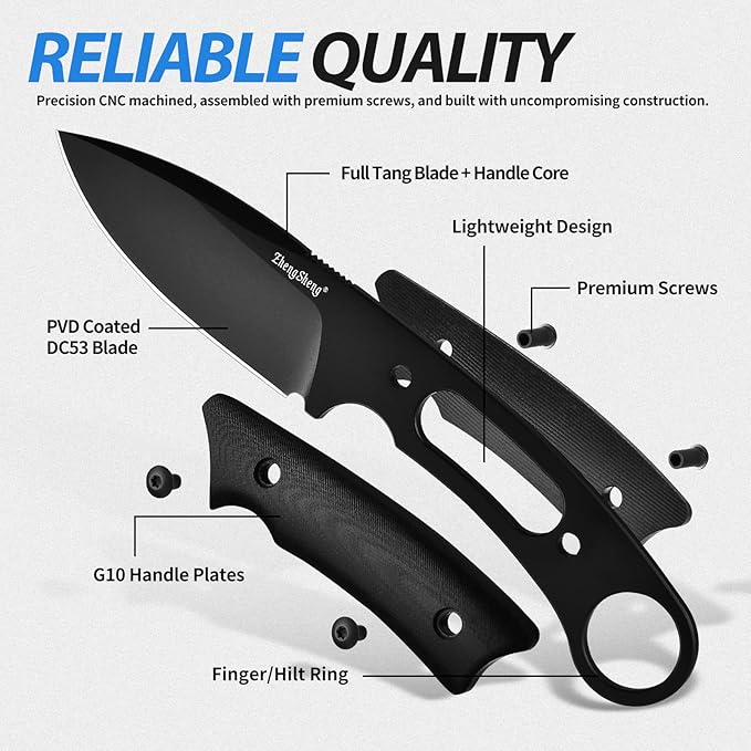 Fixed Blade Knife with Sheath, 3.5??DC53 Steel blade with Black Titanium Coating and G10 Handle Full Tang Outdoor Camping Hiking Survival Knives for Men Women