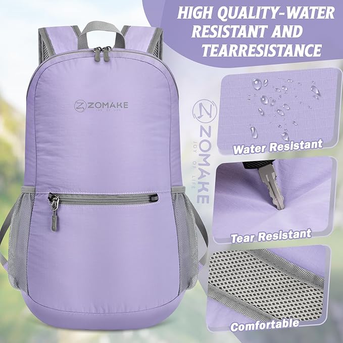 ZOMAKE Ultra Lightweight Hiking Backpack 20L - Packable Small Backpacks Water Resistant Daypack for Women Men(Lavender)