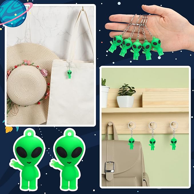 12 Pcs Alien Party Favors Alien Keychains Glow in The Dark Space Keychain Mini Aliens Figures Little Bulk Gift Prizes Goodie Bag Piñata Halloween Stuffers for Music Festival Easter (Green)