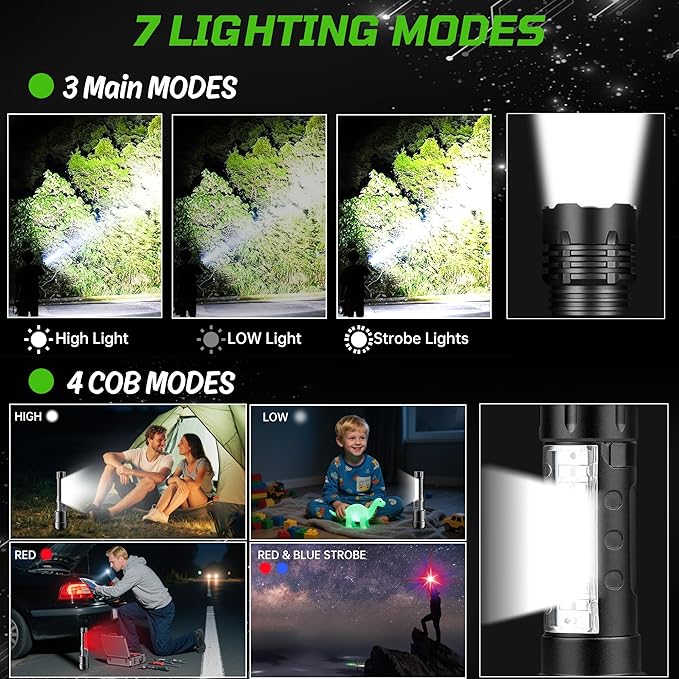 4Pack Rechargeable Flashlights, 7Mode Flashlights High Lumens, Super Bright LED Flashlight, Adjustable Tactical Flash Light, High Powered Flash Light, Handheld Flashlight for Home Emergency Camping