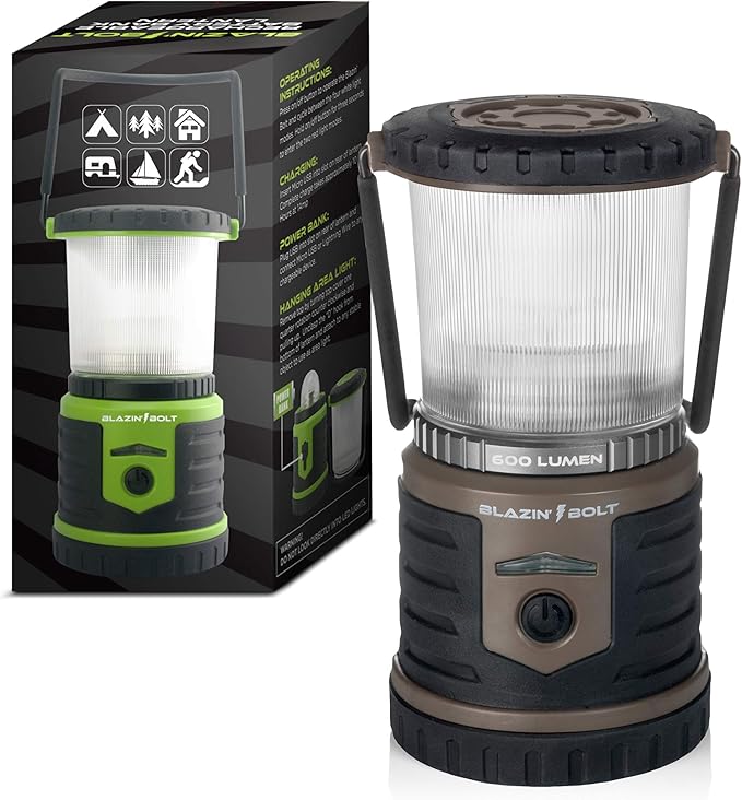 Blazin Bolt Rugged USB Rechargeable Lantern | 12000mAh Power Bank | 600 Lumen | 500 Hours of Light | 6 Modes | Camping, Emergency, Power Outage, Storm, Blizzard, Hurricane Survival