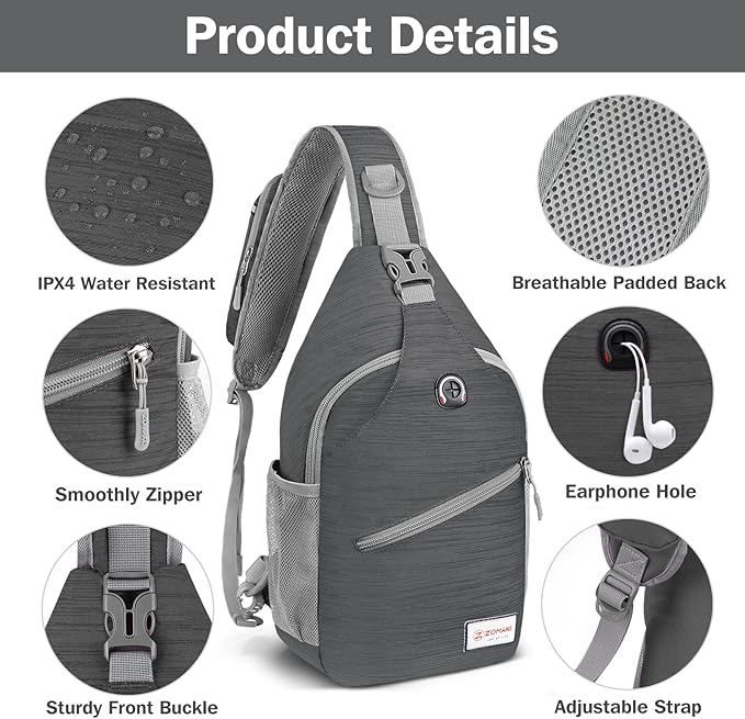 ZOMAKE Sling Bag,Small Crossbody Sling Backpack,Water Resistant Shoulder Daypack for Travel,Anti Thief Chest Bag for Hiking(Black(Stripe))
