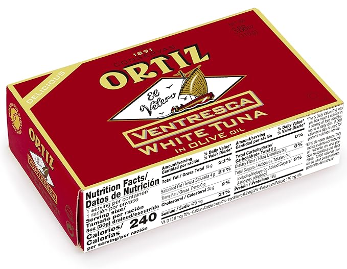 Ortiz Ventresca White Tuna Belly in Olive Oil, Tender Buttery Fillets with Exquisite Flavor, Superior Wild Caught Tuna Packed in Delicate Spanish Olive Oil, 3.88oz Can (Pack of 1)