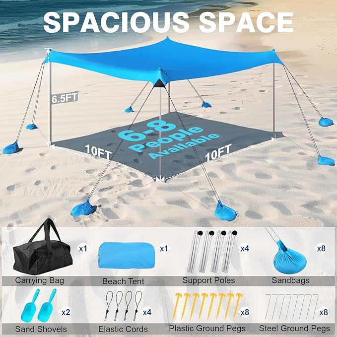 Rhino Valley Beach Tent Shade Canopy UPF50+ Protection, 8 Sandbags, 4 Stability Poles, Outdoor Sun Shelter Umbrella for Sand, Camping, Fishing Essentials
