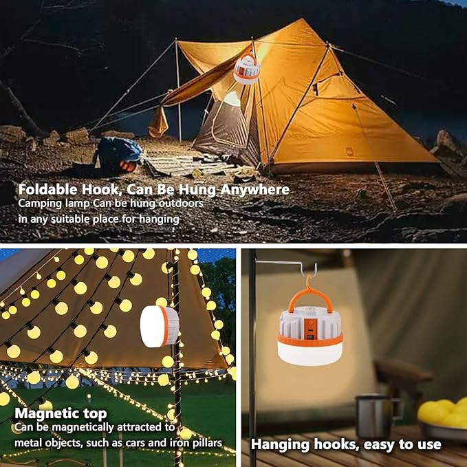 LED Camping Lantern,Scalable Foldable Camping Lamp with Digital Display Screen 5000 Lumens Rechargeable Emergency Light, 3000mAh Battery, White and Orange (Orange, 7W 3000mAh)