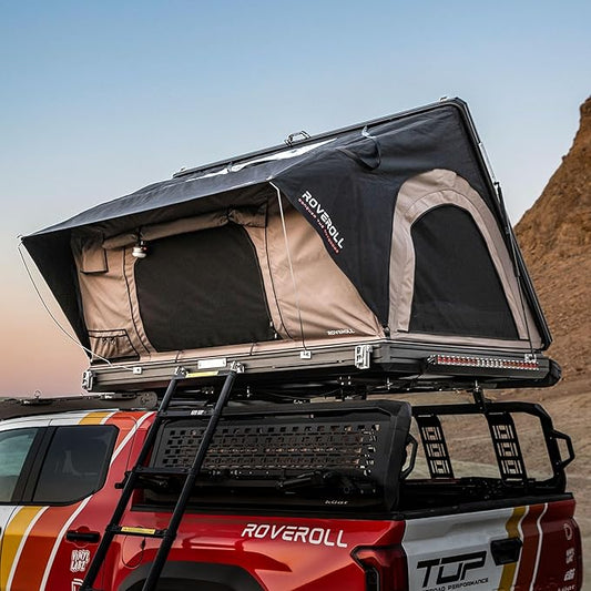 Hardshell Rooftop Tent, Roof Top Tent for 2-3, with Aluminium Ladder, Skyview Window, Mattress, LED Light, Blackout-Coated for UV Protection, Waterproof, for Truck, Jeep, SUV, Van