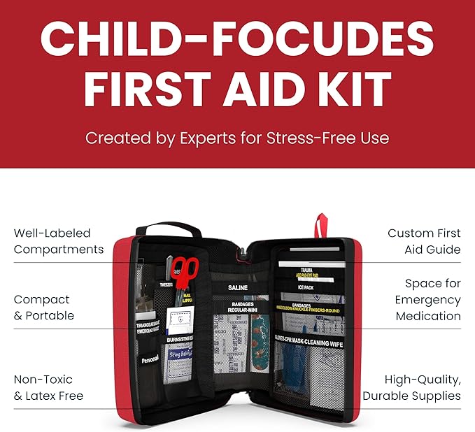 Portable First Aid Kit for Kids with CPR Shield - Ideal for Home, Car, School, Camping, and as a Travel First aid kit. Latex-Free Bandages ??Children First Aid Guide by The Life Safety Pro