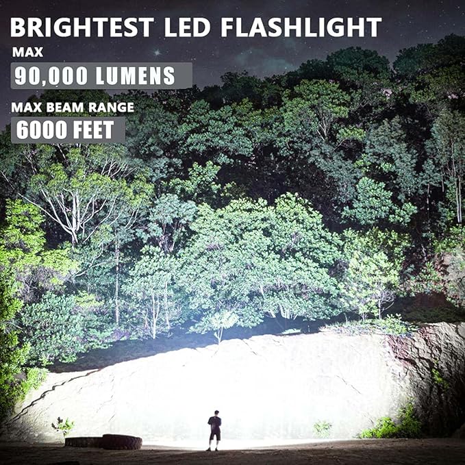 LBE Rechargeable Brightest LED Flashlight, 90,000 High Lumens Super Bright Powerful Flashlight with 5 Modes, IPX7 Waterproof Handheld Large Flash Light for Emergencies Camping