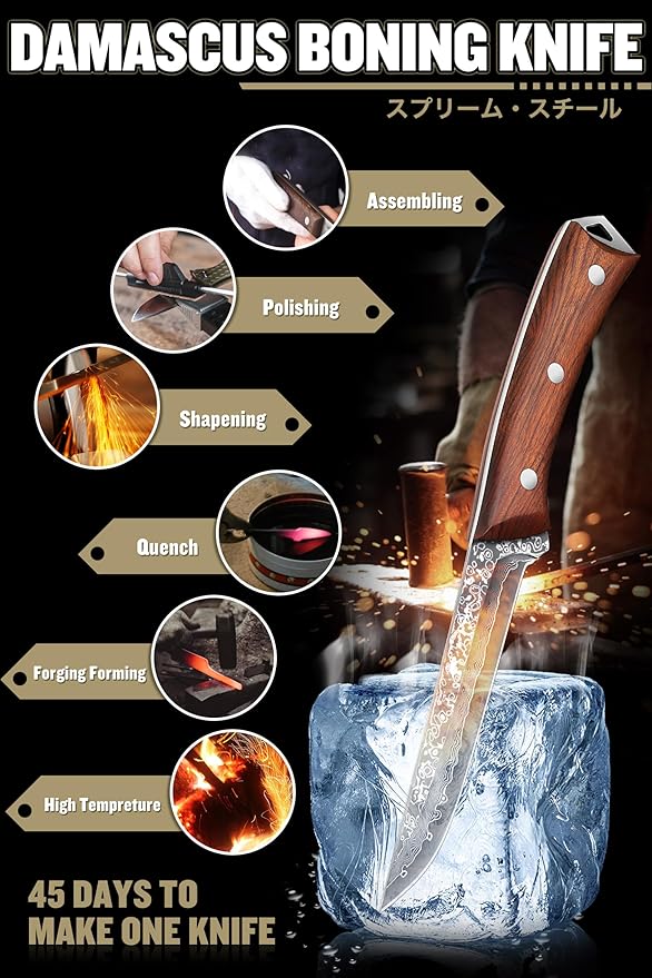 ROCOCO Damascus Boning Knife for Meat Cutting Deboning Brisket Slicing Trimming knife Fish Fillet Knife with Narrow Blade for Kitchen Camping BBQ Birthday Mothday's Day Gift 5.3"