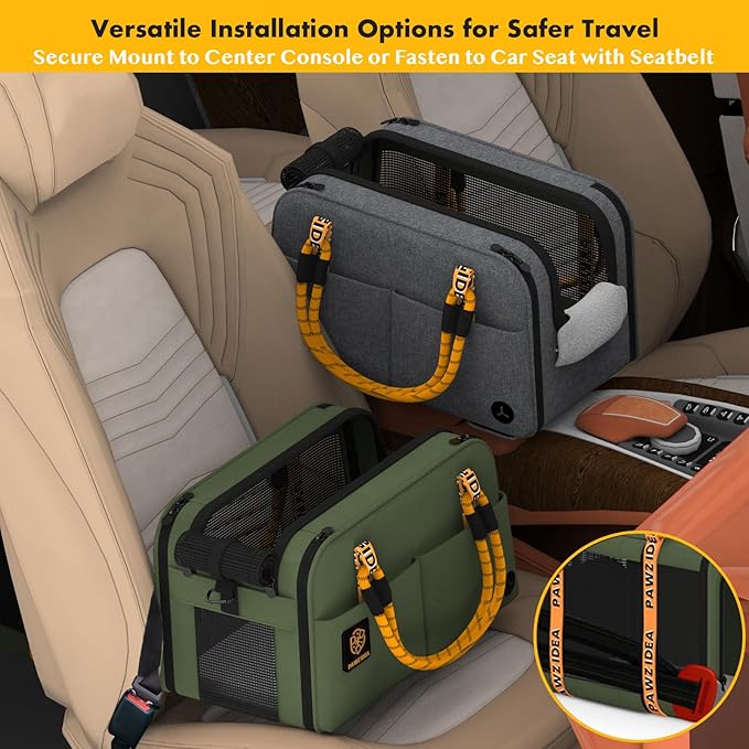 PAWZIDEA Center Console Dog Car Seat, Enclosed Secure Armrest Booster Seat for Small Dogs & Cats up 12lbs, Soft-Sided Travel Pet Carrier Safety Straps, Removable Pillow, Storage Pocket, Shoulder Strap