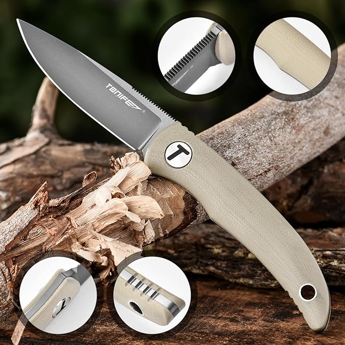 TONIFE Nova 2.68'' Blade Mini Neck Knife Full Tang Fixed Blade Knife with Kydex Sheath and Adjustable Paracord Lanyard for Camping Outdoor Survival Tool (Warm Sand+Gray Titanium)