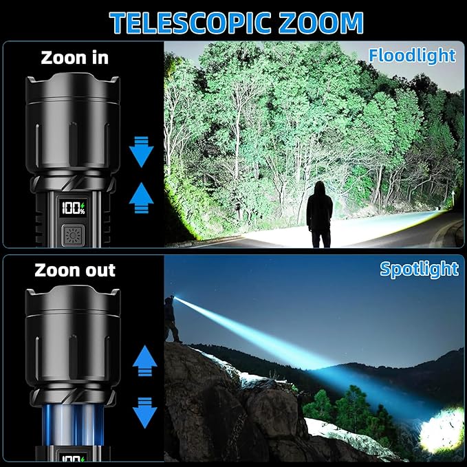 Rechargeable Flashlight 99000 High Lumens, LED Super Bright Flash Light, Tactical Flashlights with LCD Power Display, 6 Modes, Waterproof, Brightest Flashlight for Emergencies Camping
