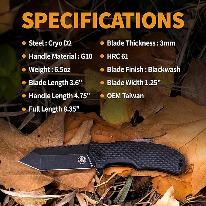 Off-Grid Knives - Rapid Fire Viper, Assisted Tanto Blade, Hard Use Build, Tactical, Camping & Survival EDC, Cryo D2 Steel, Blackwash, G10 Scales, Deep Pocket Carry (Blackout)