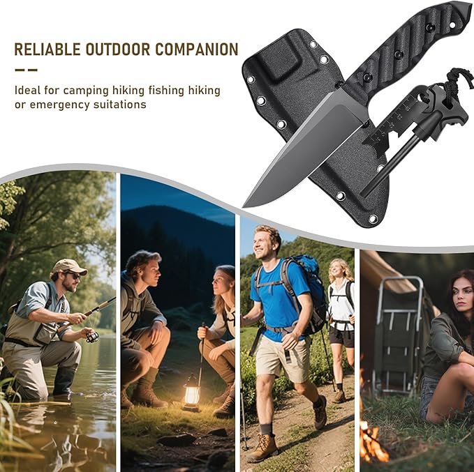 Survival Knife w Kydex Sheath,D2 Fixed Blade Steel,Full Tang Hunting Knife w Non-slip ABS Handle, Glass Breaker, Ideal for Bushcrafting Camping Hunting Fishing Hiking and Other Outdoor Activities