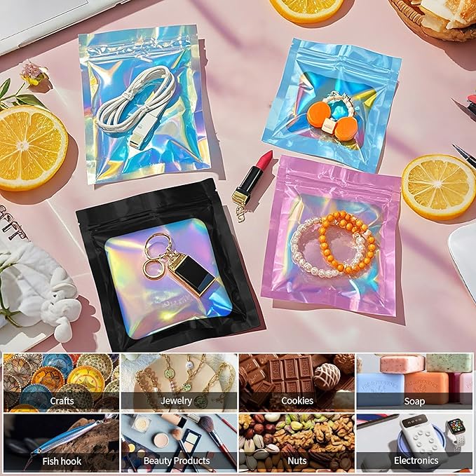 100 Pieces Resealable Smell Proof Bags - Foil Pouch Bags, Flat Clear Food Storage Plastic Packaging Foil Mylar Bags for Party Favor Food Storage (Holographic Color, 7x9 Inch)