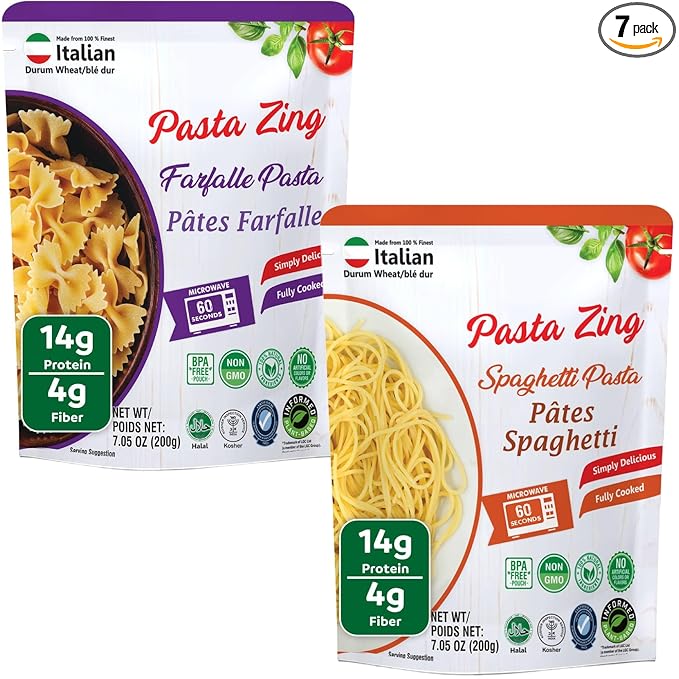 Pasta Zing Variety Pack Pasta – Ready to Eat Meals | 4x Spaghetti, 3x Farfalle | Vegan Microwave Pasta in 60 Sec | Ideal for Easy Dinner or Emergency Food | Made with Durum Wheat 7-Pack, 7.05 Oz Each