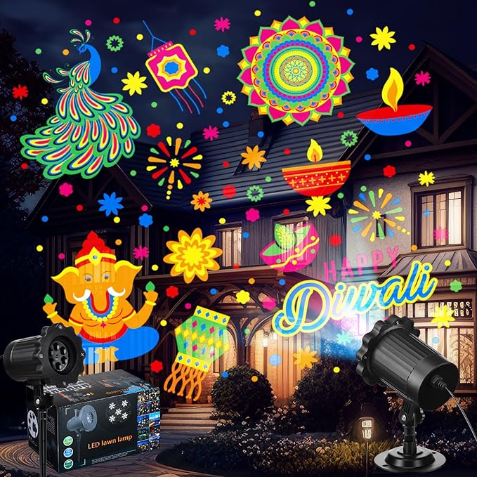 Happy Diwali Projector Lights Outdoor Festival LED Projector Decorations Elephant Sun on Dynamic Waterproof Outdoor Indoor Diwali Festival Projection for Landscape Garden Yard Patio Party