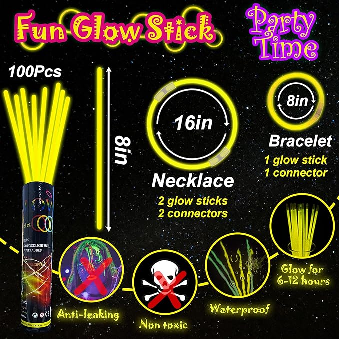 ILHSTY 100 pk Glow Sticks Bulk Party Favors and Decorations - 8" Glow in the Dark Party Supplies For Halloween Neon Party Light up Glow sticks Necklaces & Bracelets (Yellow*100)