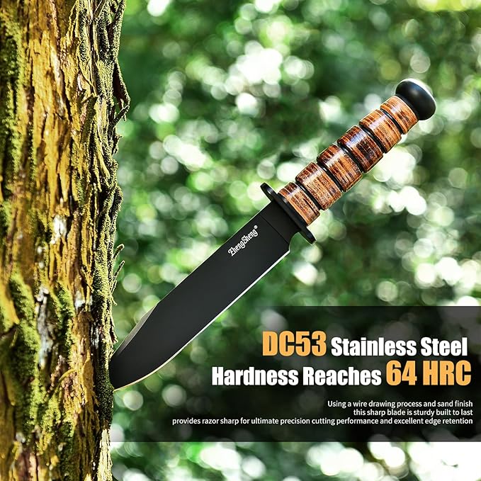 Fixed Blade Knife, 8.0??Black Titanium PVD Coating DC53 Steel Blade Hunting Knives with Leather Sheath, Ergonomic Handle Bushcraft Bowie Knife for Camping, Hiking