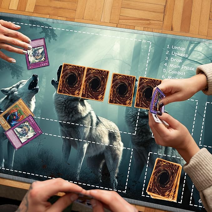 Playmat for MTG with Zones, 24 x 14 inches Game Play Mat for MTG TCG, Trading Card Game Play Mat Desk Mats with Stitched Edges Non-Slip Base, Three Wolfs