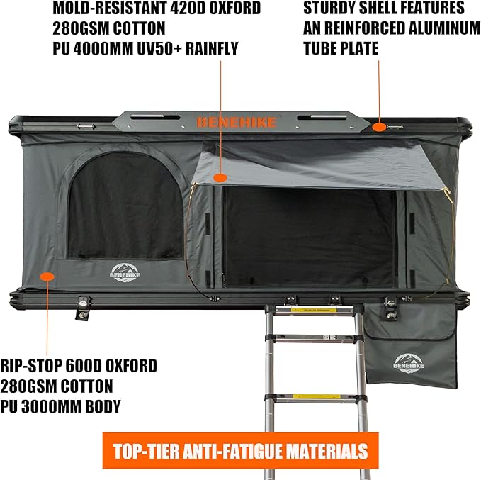 Rooftop Tent Hard Shell, BENEHIKE Alumabode V2 Aluminum Hard Shell Pop-up Rooftop Tent for Van Jeep SUV Truck Car Tents for Camping (2~3 Person)