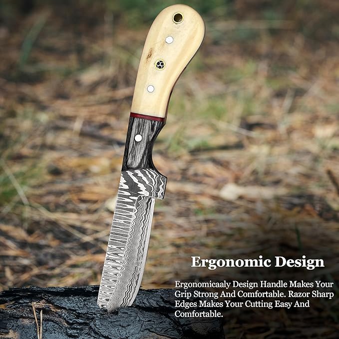 Cowboy Knives with Leather Sheath - 8??Sharp Handmade Damascus Bull Cutter Knife - EDC Fixed Blade Hunting Knife for Skinning, Camping, Bushcrafting and Outdoor Activities, white