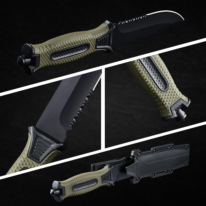 2pcs 10" Fixed Blade Tactical Knives with Sheath and Clip, Survival Full Tang Non-Slip Handle Knife for Camping, Hunting, Adventure, Outdoors, EDC, Green Handle