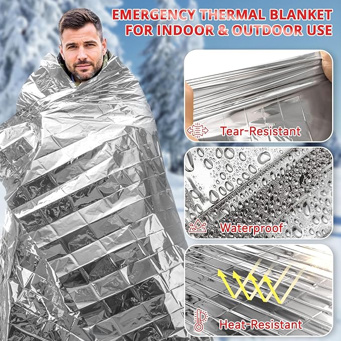 SecuCaptain Survival Emergency Thermal Blankets: 25 Pack Extra Large 84” x63” Space Mylar Blanket Kit for Outdoor Cold Winter Camping Hiking Car Bug Out Bag or First Aid