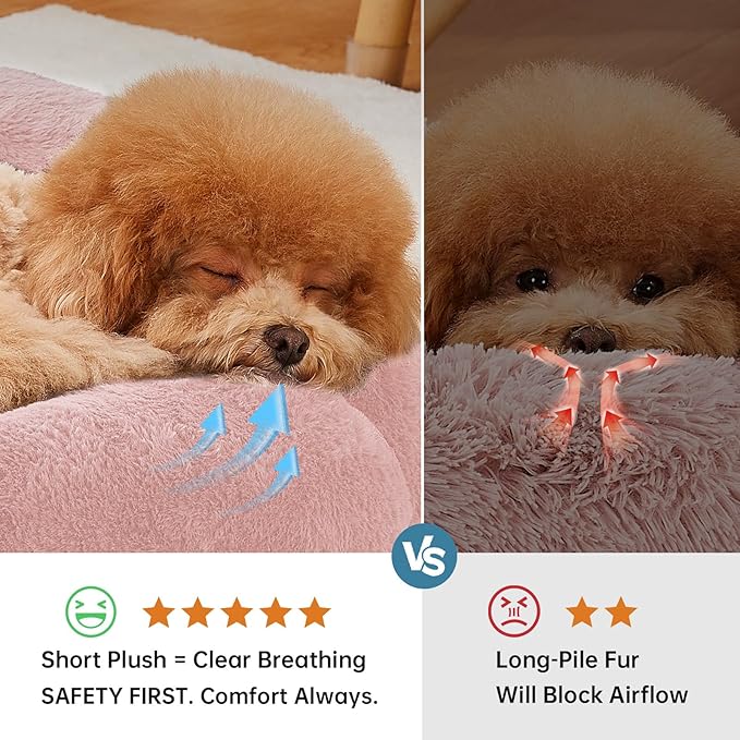 OhGeni 24 inches Calming Donut Dog & Cat Bed for Small Pets, Warming Comfort Fluffy Short Pile Fur, Durable Machine Washable Round Bed, Cute Round Bed for Puppy and Kitten, Pink