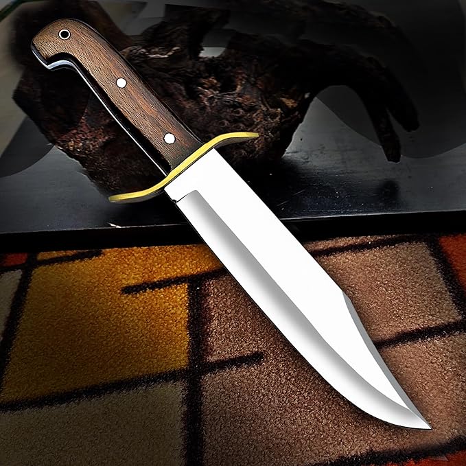 Large Bowie Knife with Leather Sheath Fixed Blade Hunting Knife D2 Steel with Leather for Outdoor Camping