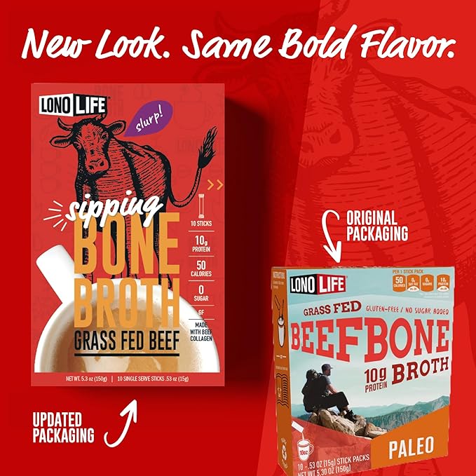 LonoLife Beef Bone Broth Powder Mix | Grass-Fed, 10g Protein | Collagen-Rich, Keto & Paleo Friendly | Natural Ingredients | 24 Portable Stick Pack Servings