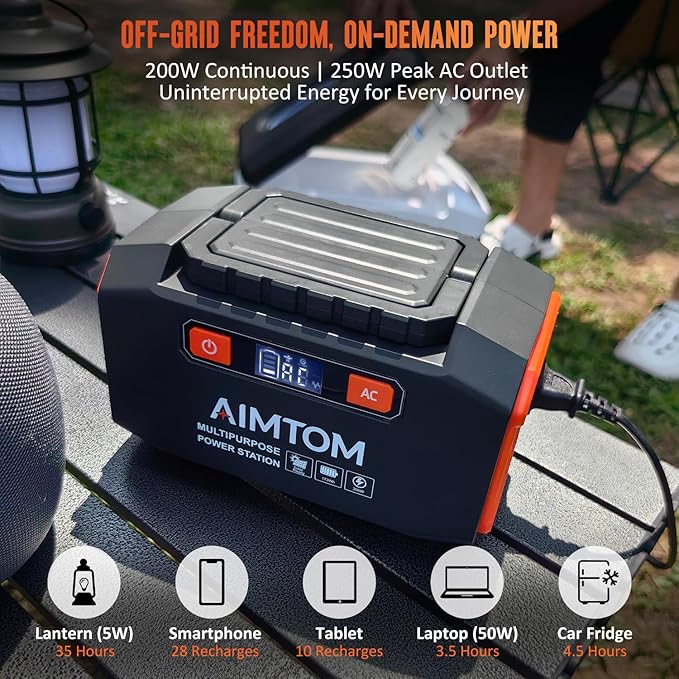 AIMTOM Portable Power Station 173Wh Lithium Battery, 200W AC Outlet (250W Surge), 18W USB-C, 2x USB-A, 2x 12V DC Outputs, LED Flashlight ??Ideal for Camping, Travel, Emergency Backup, RV, Home Use