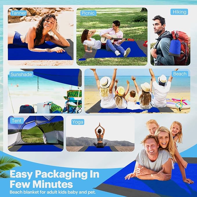 EASYFUN Beach Blanket Sandproof Oversized, 79''×83'' Extra Large Beach Mat, Portable Picnic Mat for Travel Camping Hiking, Lightweight Beach Essentials Family Water Resistant Mat Nylon 210T